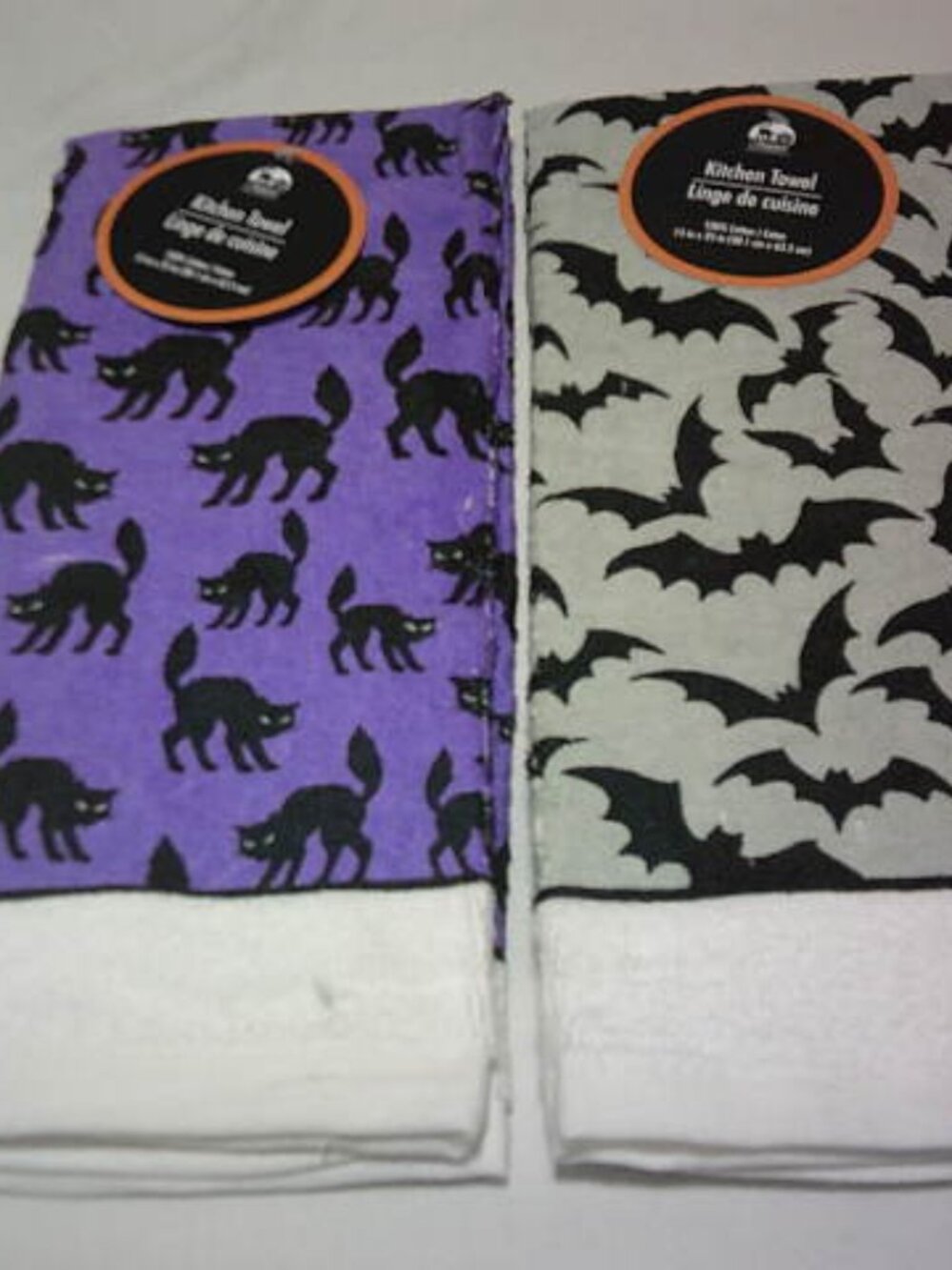 LOT 2 NEW HALLOWEEN KITCHEN TOWELS BATS & CATS DESIGN 100% COTTON GREENBRIER INT